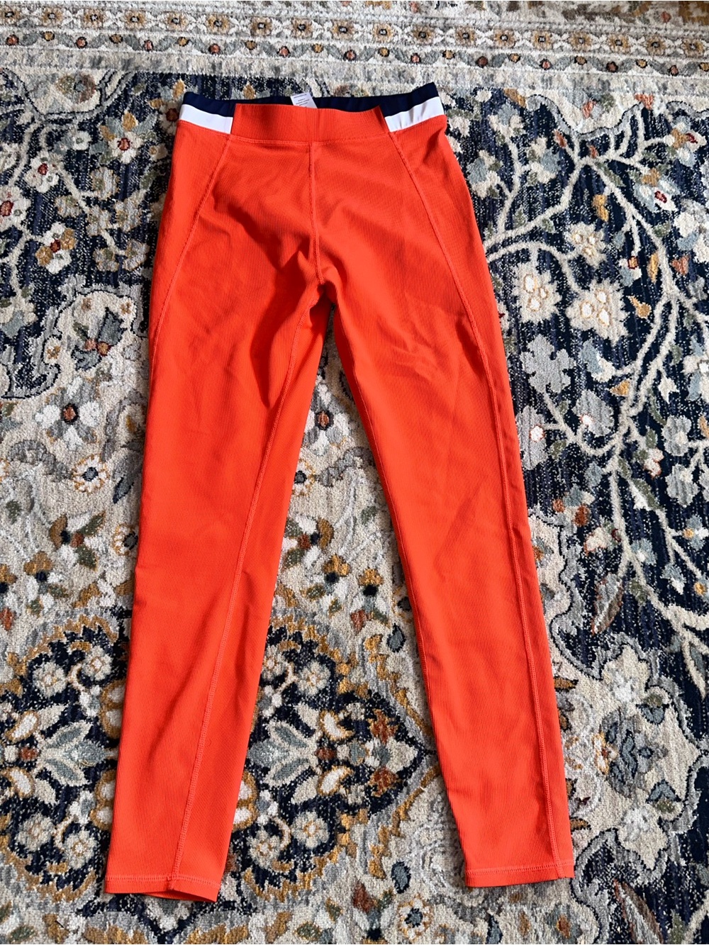 Wilo Bright Orange Ribbed Activewear Leggings Colorblock Waistband Size M